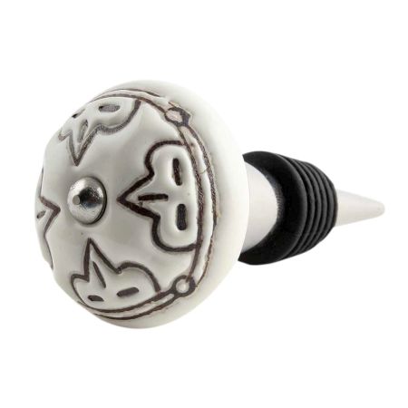 Cream Etched Floral Ceramic Wine Bottle Stopper